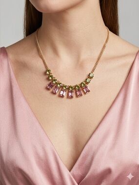 Vintage Pink Crystal Fringe Necklace | Gold Tone Yellow Rhinestone